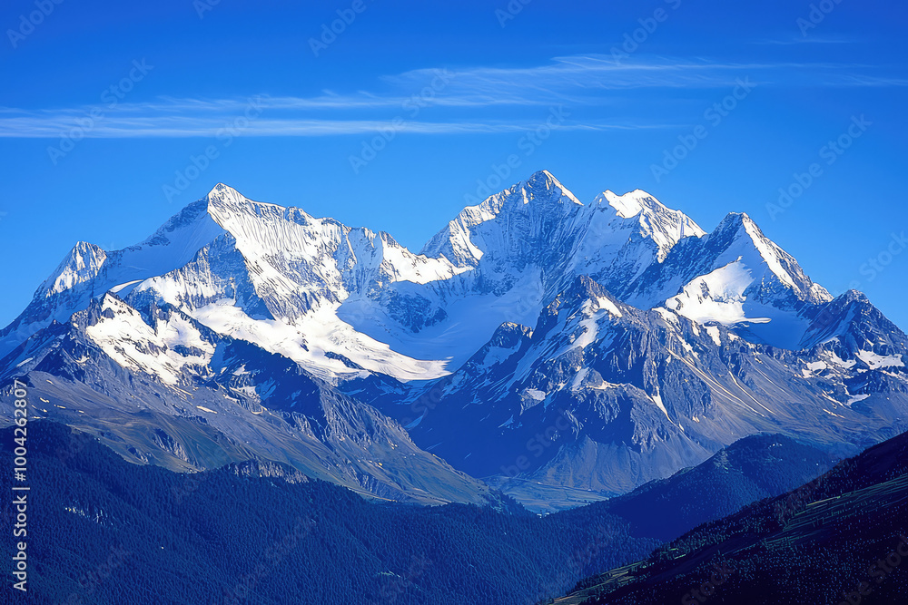 Snowy mountain peaks against clear blue sky showcasing serene grandeur Snowy mountain peaks against clear blue sky showcasing serene grandeur