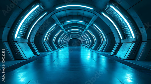 Futuristic Tunnel with Blue Neon Lights - 3d Illustration