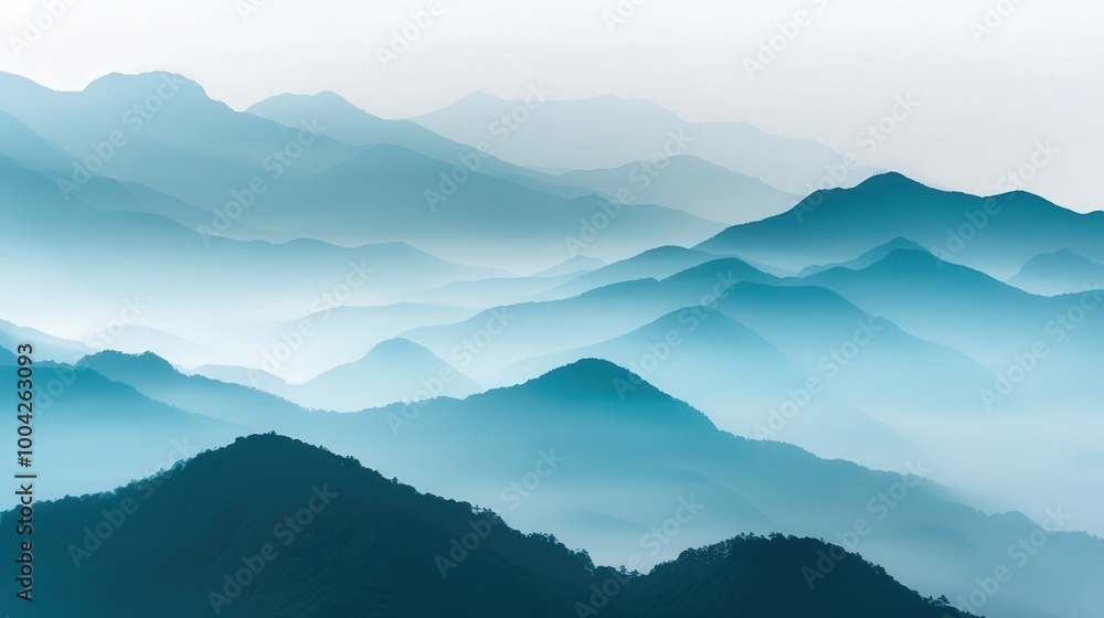 Fototapeta premium Misty Mountain Serenity, a tranquil scene of a mist-covered mountain range, vast open space inviting reflection, evoking a sense of calm and connection with nature