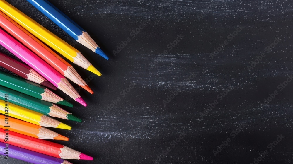 Vibrant Colored Pencils on Chalkboard, a back-to-school theme showcasing a fan of colorful pencils against a textured chalkboard, inviting creativity and learning. Vibrant Colored Pencils on Chalkboard, a back-to-school theme showcasing a fan of colorful pencils against a textured chalkboard, inviting creativity and learning.