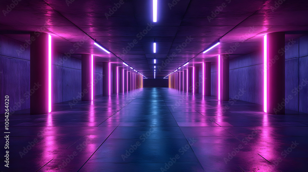Neon Lights 3D Render - Purple and Blue Glowing Corridor Neon Lights 3D Render - Purple and Blue Glowing Corridor