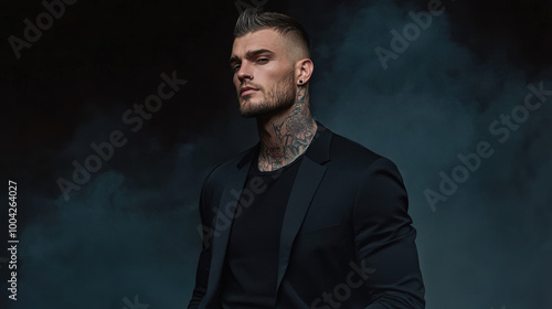 Male model with a rebellious attitude, short hair, black t-shirt, blazer, and tattoos, standing in a misty dark scene