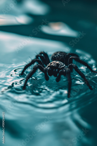 Spider resting on the surface of a pool of water photo