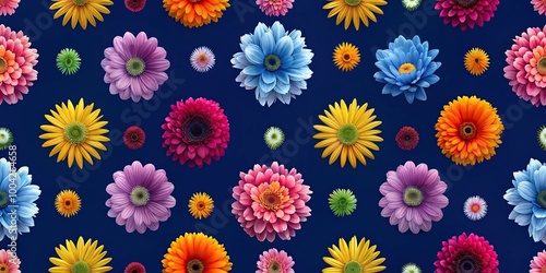 pattern of multicolored flowers on dark blue background