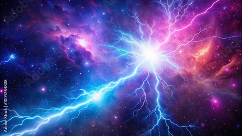 Lightning in the universe with pink and blue light background, stars, galaxies, dark sky blue and purple color scheme