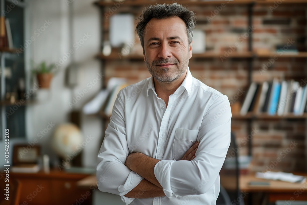 Obraz premium Smiling European man in a bright office setting with books and plants, exuding warmth and confidence