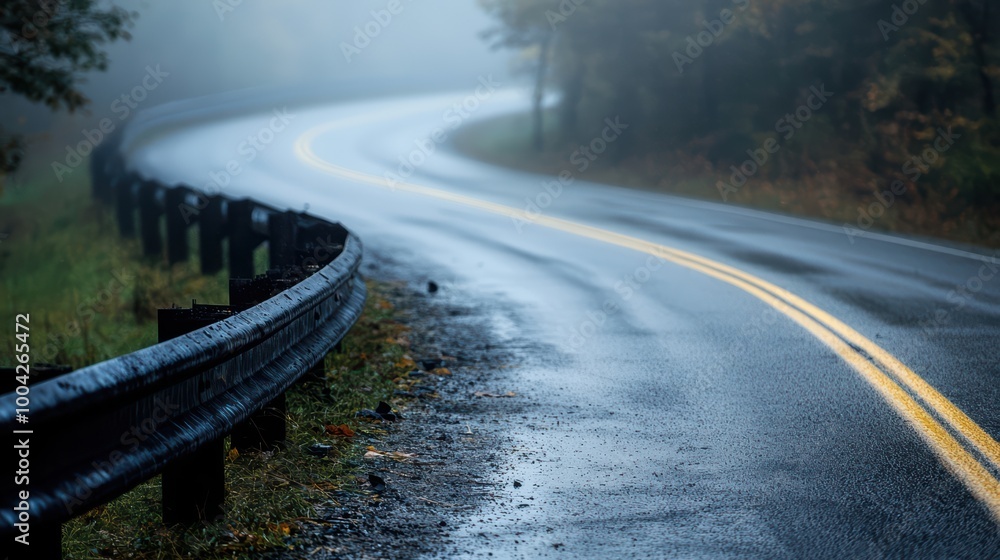 Serene winding road in misty weather Serene winding road in misty weather