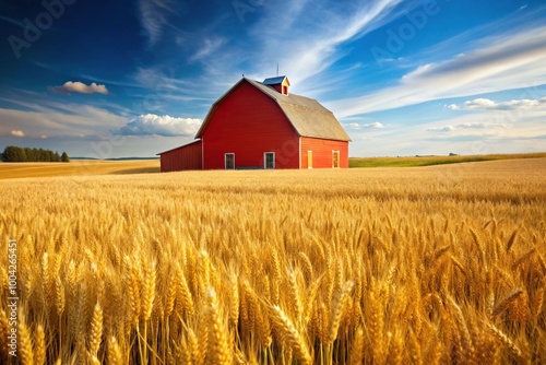 Peaceful farm scene with red barn and golden wheat fields