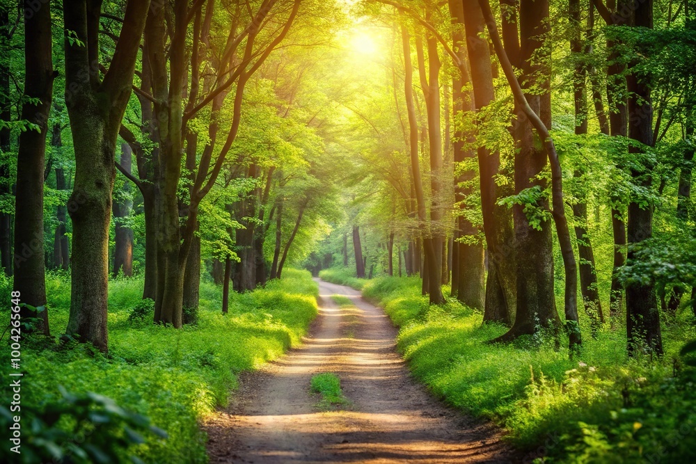 Peaceful forest path surrounded by greenery with sunlight filtering through the trees Peaceful forest path surrounded by greenery with sunlight filtering through the trees