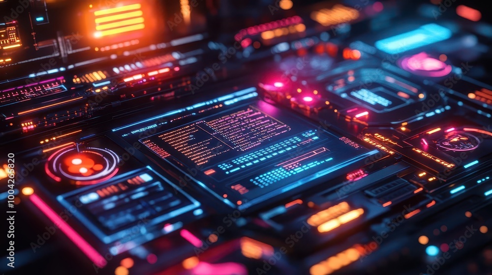 Mobile app development workspace with glowing holographic coding tools and neon-lit devices Futuristic Hologram High Detail Mobile app development workspace with glowing holographic coding tools and neon-lit devices Futuristic Hologram High Detail