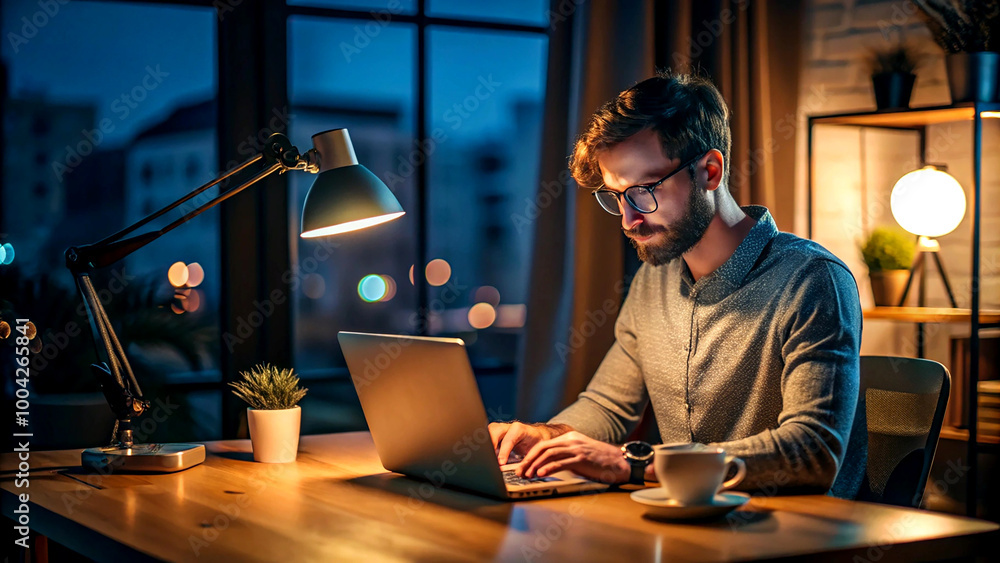 Fototapeta premium Freelance designer working at night, with a dimly lit desk and a glowing laptop.