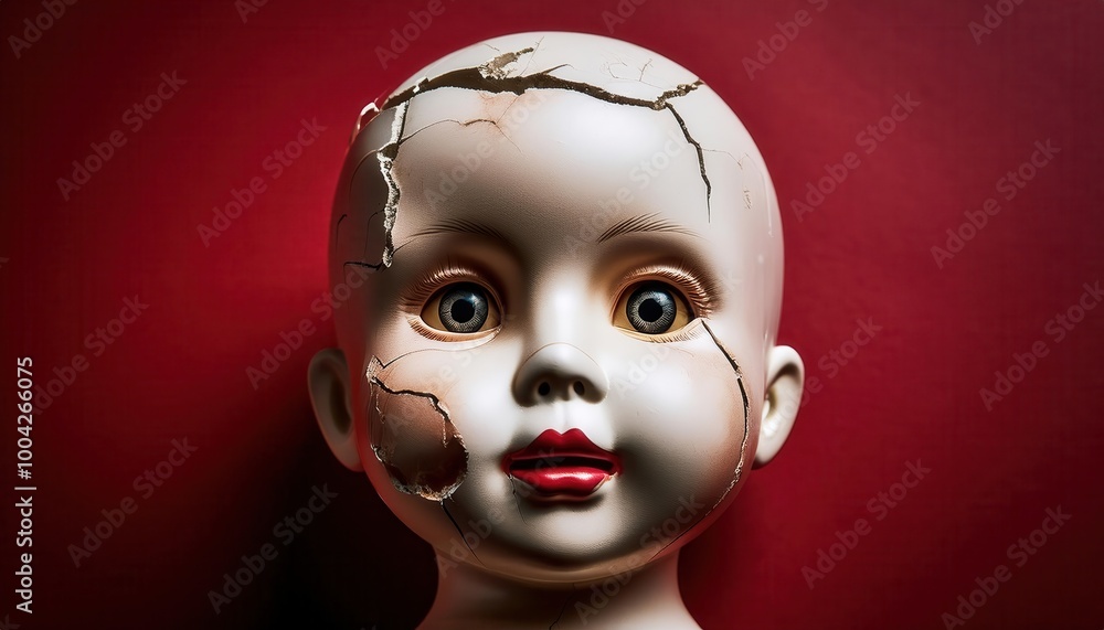 Close-Up of a Cracked Porcelain Doll Head with Wide, Glossy Eyes and Red Lips Against a Deep Red Background, Portraying a Haunting Mix of Fragility and Unsettling Stillness Scary Halloween Close-Up of a Cracked Porcelain Doll Head with Wide, Glossy Eyes and Red Lips Against a Deep Red Background, Portraying a Haunting Mix of Fragility and Unsettling Stillness Scary Halloween