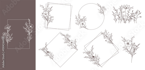 Trendy floral frames with wildflowers and leaves line art. Botanical Line Art Collection of wildflowers. Hand drawn line art graphics. Luxury Line Floral Art
