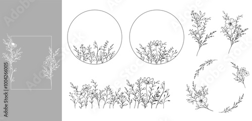 Botanical Background with trendy minimalist wildflowers and greenery. Floral Line Art Illustration. Hand drawn line art . Luxury Line Floral Art. Perfect for Elegant wedding 