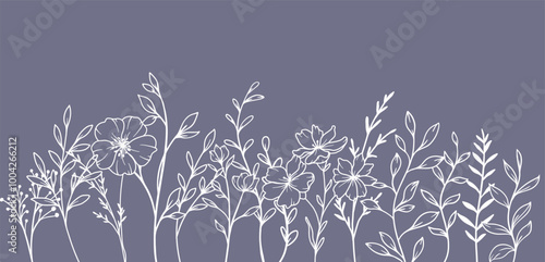 Trendy floral frames with wildflowers and leaves line art. Botanical Line Art Collection of wildflowers. Hand drawn line art graphics. Luxury Line Floral Art. Perfect for Elegant wedding invitations