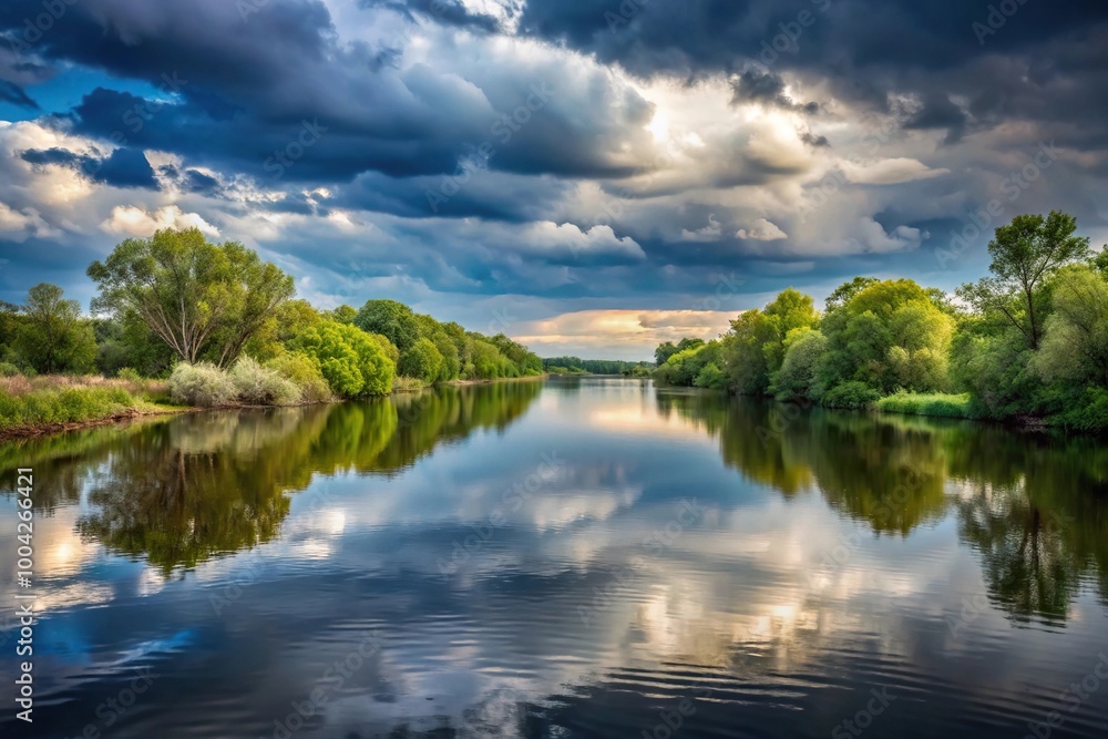 Obraz premium Peaceful landscape of a river with trees under a cloudy sky