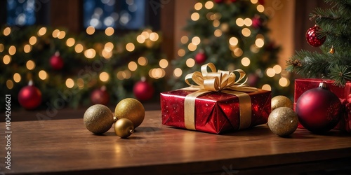 Red christmas gift box with gold bow on wooden table, surrounded by Christmas tree Ornaments in a warm and Cozy festive interior bokeh atmosphere