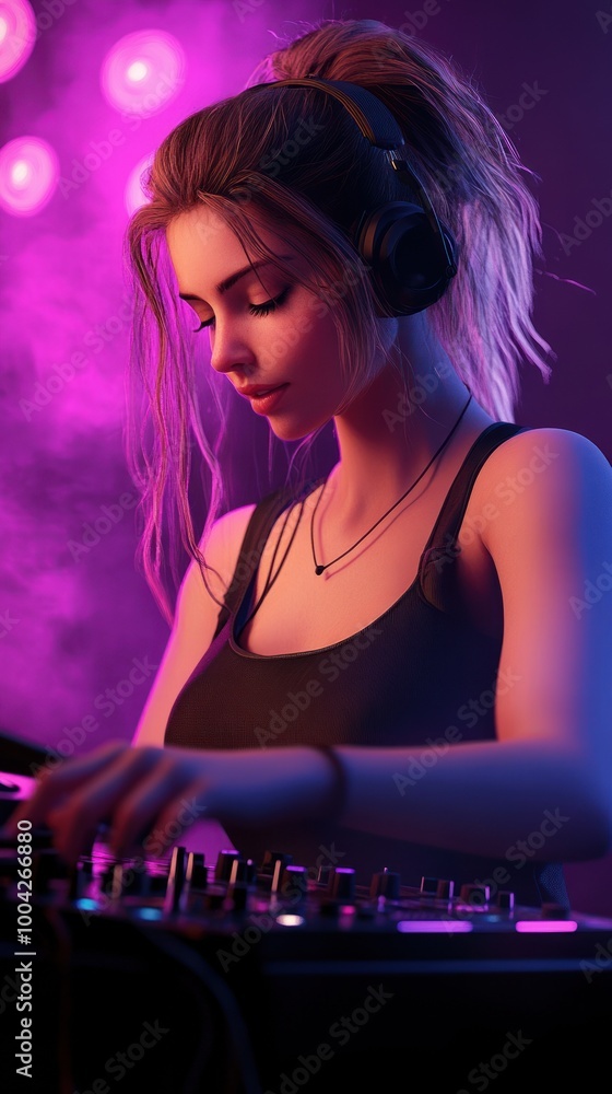 Fototapeta premium Passionate female DJ at energetic nightclub scene