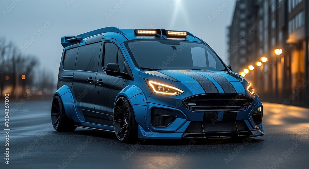 Electric van concept showcases design innovation on urban street in evening light Electric van concept showcases design innovation on urban street in evening light