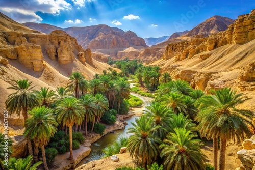 Long shot of Nefta Chebika oasis with canyons and palm trees photo