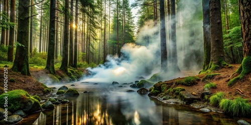 Peaceful steam rising from forest river in long exposure shot