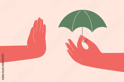 Human hand refuses umbrella from other hand. Person Rejects for support offered by people. Trust issues, denial from aid, communication and psychological problems . Flat vector illustration