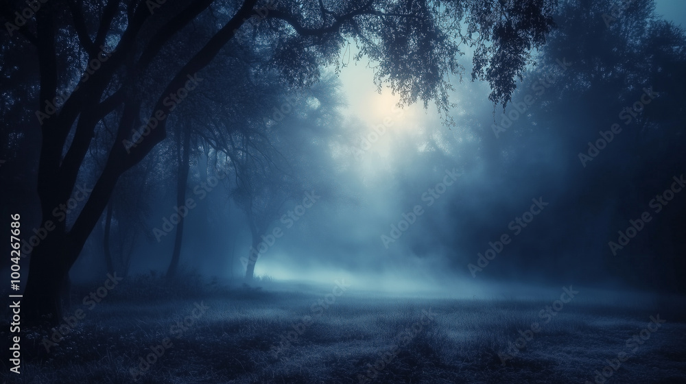 Dark misty dawn forest landscape