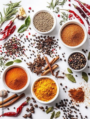 Fototapeta Naklejka Na Ścianę i Meble -  Bowls filled with spices and herbs laid out on a white background, showcasing the variety of colors and textures.