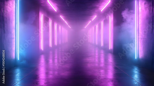 Neon Lights and Fog in a Long Corridor - 3D Illustration