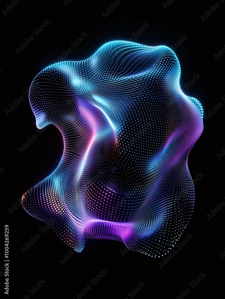 Abstract colorful wave shape with neon lines and dots, black isolated background. A minimalist poster in metallic and chrome gradient style. Abstract colorful wave shape with neon lines and dots, black isolated background. A minimalist poster in metallic and chrome gradient style.