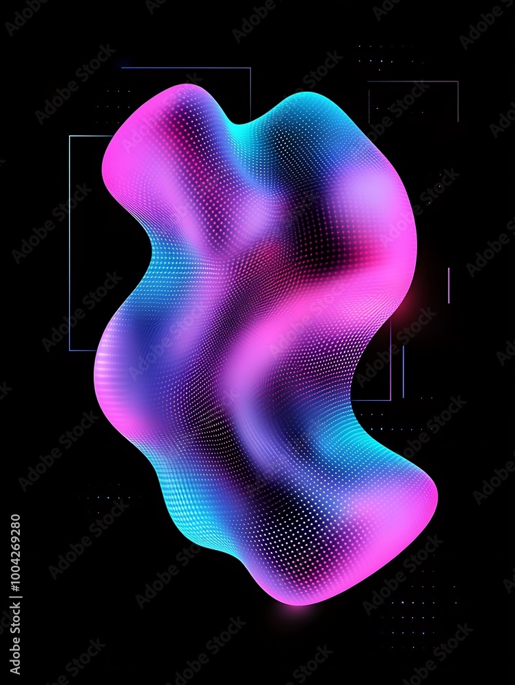 Abstract colorful wave shape with vibrant pink and blue gradients on a black background. A minimalist poster in metallic and chrome gradient style. Abstract colorful wave shape with vibrant pink and blue gradients on a black background. A minimalist poster in metallic and chrome gradient style.