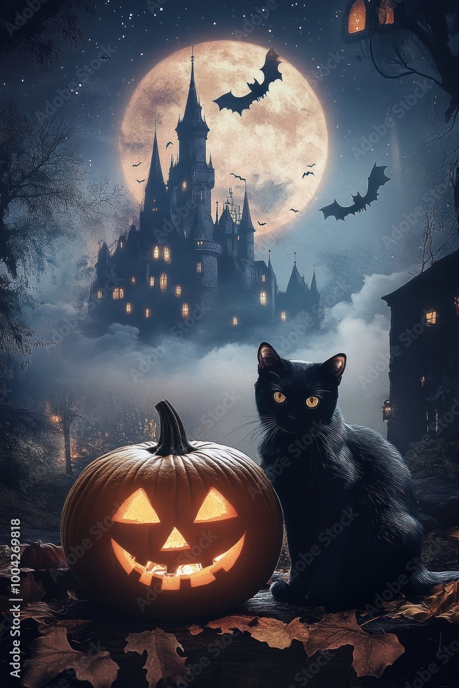 Black Cat and Pumpkin Under Full Moon Lighted Castle Black Cat and Pumpkin Under Full Moon Lighted Castle