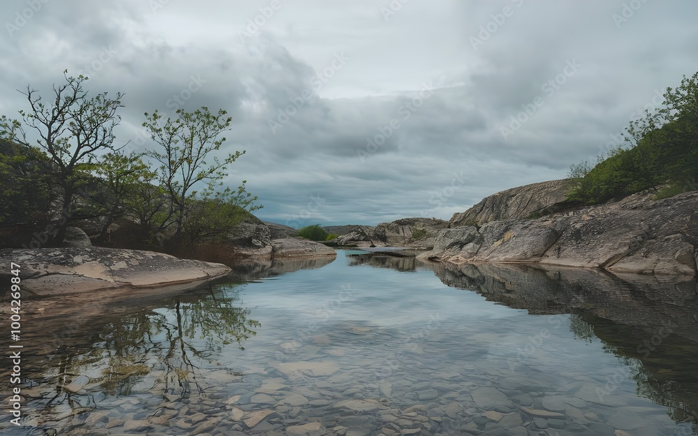 serene river flowing through a rocky woodland landscape serene river flowing through a rocky woodland landscape