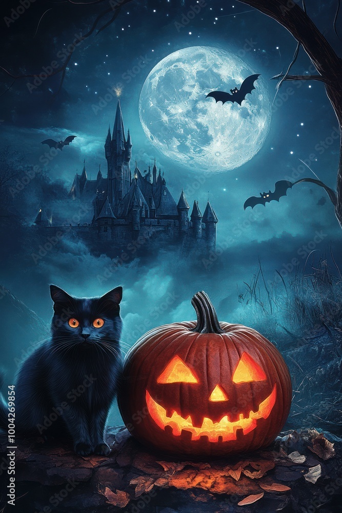 Dark Cat and Pumpkin Beside Spooky Illuminated Castle Dark Cat and Pumpkin Beside Spooky Illuminated Castle