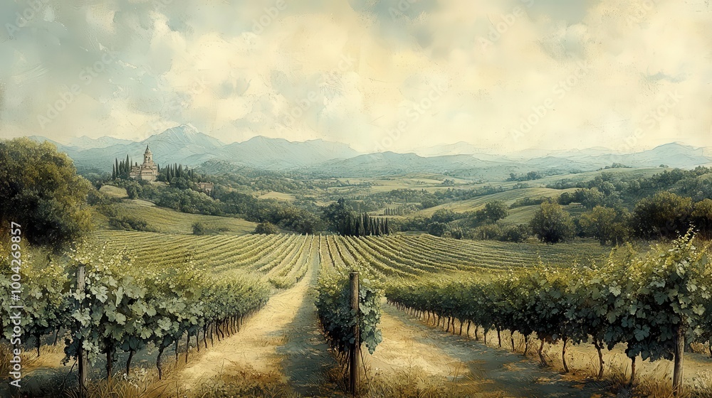 Naklejka premium natureinspired landscape vineyard with lush grapevines and rolling hills depicted in a simple pencil drawing style typography elements add a modern touch to this classic scene