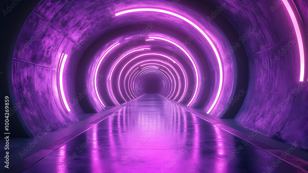 Naklejka premium Purple Neon Lights in a Concrete Tunnel 3D Illustration