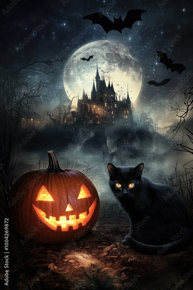 Jack-o'-lantern and black cat with haunted castle background