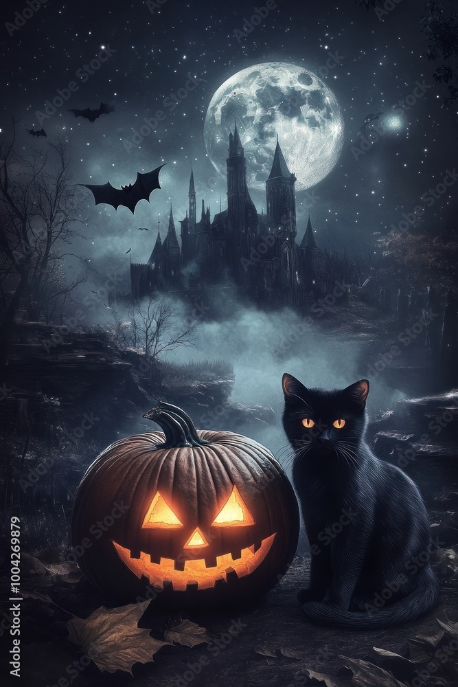 Full Moon Cat and Pumpkin Near Haunted Castle Night Full Moon Cat and Pumpkin Near Haunted Castle Night