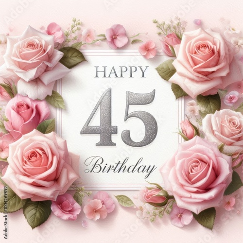 Elegant pink roses frame a sparkling '45' in a joyful birthday celebration.