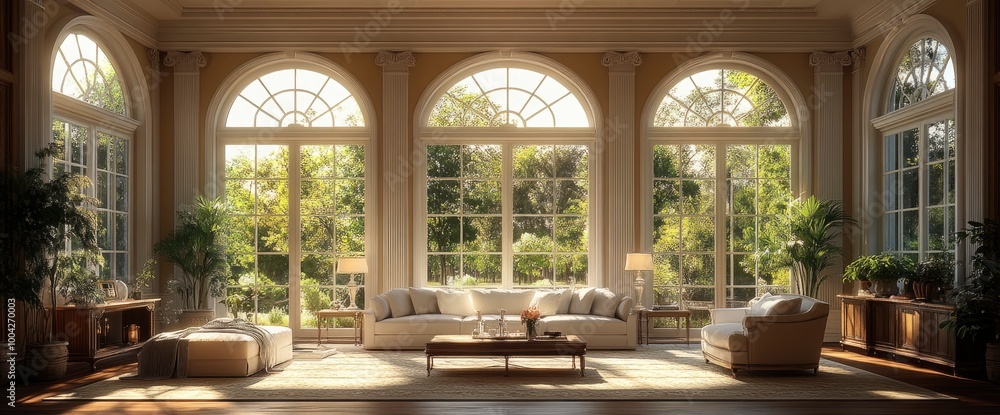 Sunlit Living Room with Large Windows and Green Views Sunlit Living Room with Large Windows and Green Views