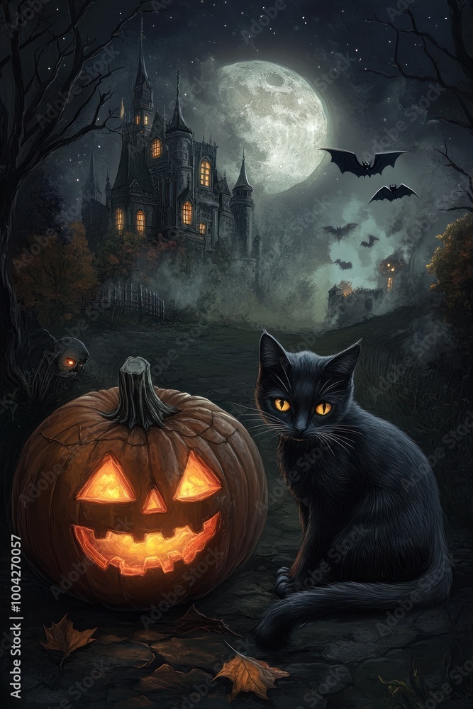Mystical black cat and pumpkin near a haunted castle Mystical black cat and pumpkin near a haunted castle