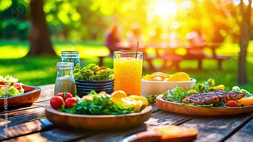 Healthy picnic meal with dresh salad, grilled meat, fruits and orange juice in sunlit park with blurred family on the background.
 photo