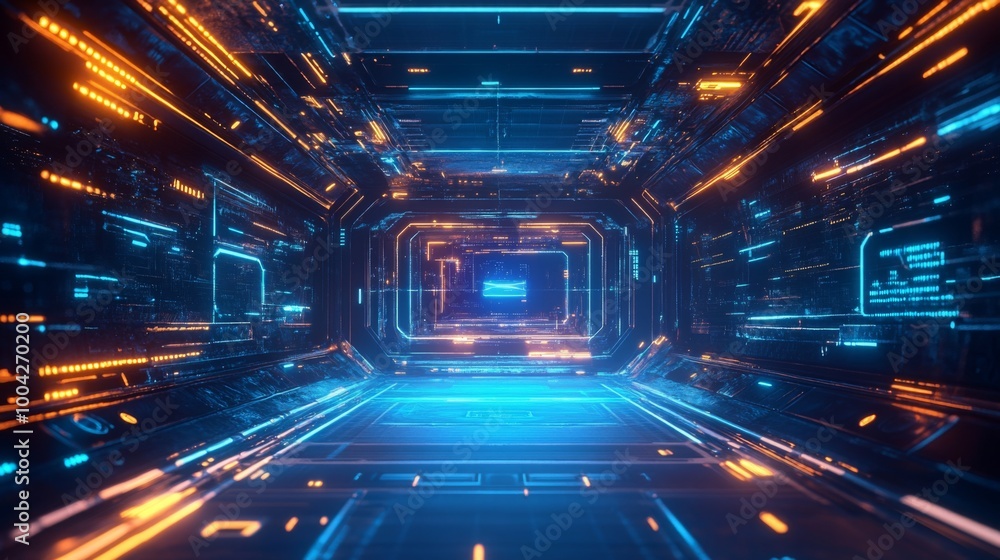 A futuristic, neon-lit corridor with vibrant blue and orange lights, creating a high-tech, sci-fi atmosphere. A futuristic, neon-lit corridor with vibrant blue and orange lights, creating a high-tech, sci-fi atmosphere.