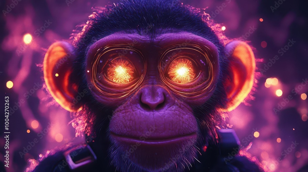 neon monkey face with bright curious eyes floats playfully through a whimsical starry sky blending cartoonish charm and vibrant colors in a delightful cosmic adventure neon monkey face with bright curious eyes floats playfully through a whimsical starry sky blending cartoonish charm and vibrant colors in a delightful cosmic adventure