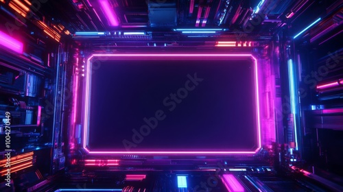 A futuristic space featuring vibrant pink and blue neon lights, framed by digital elements, creating a high-tech ambiance.