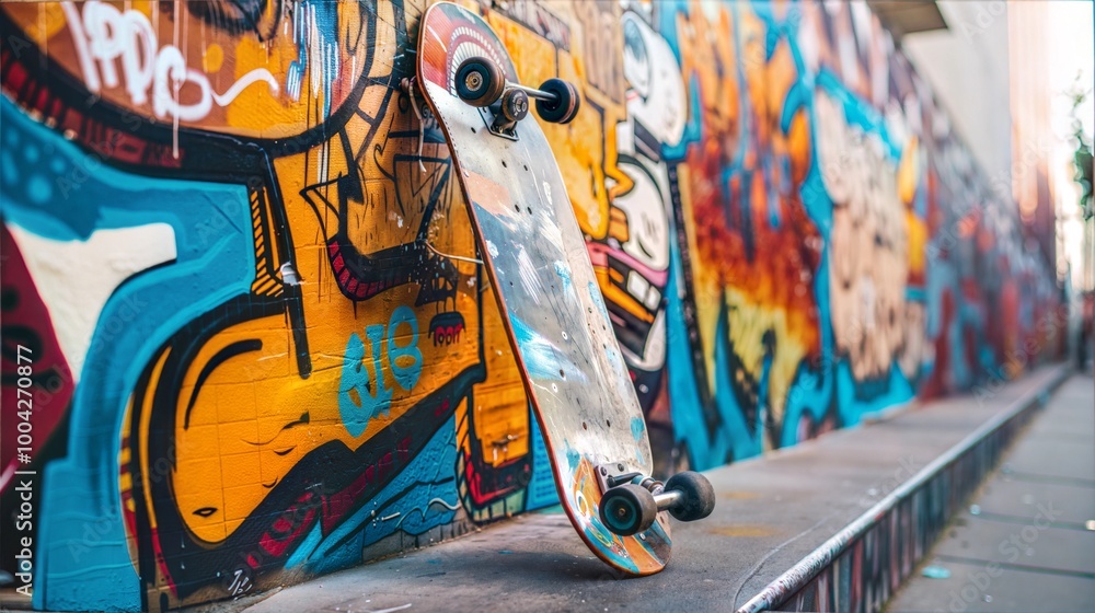 Fototapeta premium Urban skateboard against colorful graffiti wall in street art alleyway