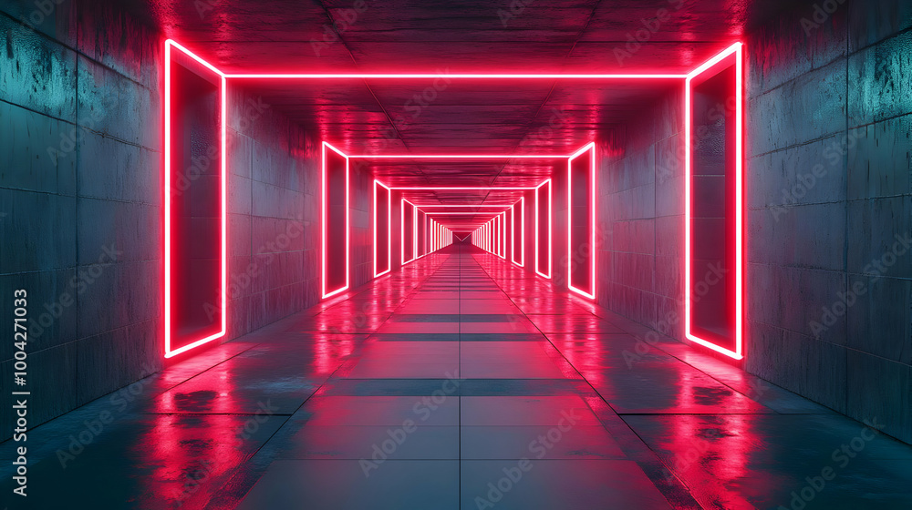 Neon Lights in a Concrete Hallway - 3D Illustration Neon Lights in a Concrete Hallway - 3D Illustration