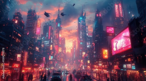 neonsoaked cyberpunk cityscape with towering skyscrapers holographic billboards and flying cars retrofuturistic aesthetic with pink and teal color palette