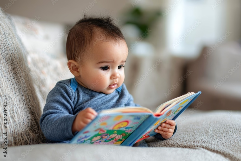 Adorable baby in blue sweater sitting on couch while reading a colorful book, showcasing early childhood learning and curiosity. Adorable baby in blue sweater sitting on couch while reading a colorful book, showcasing early childhood learning and curiosity.