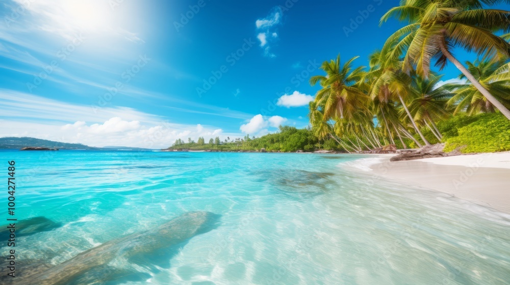 Fototapeta premium Beautiful tropical ocean with blue sky and palm trees in summer